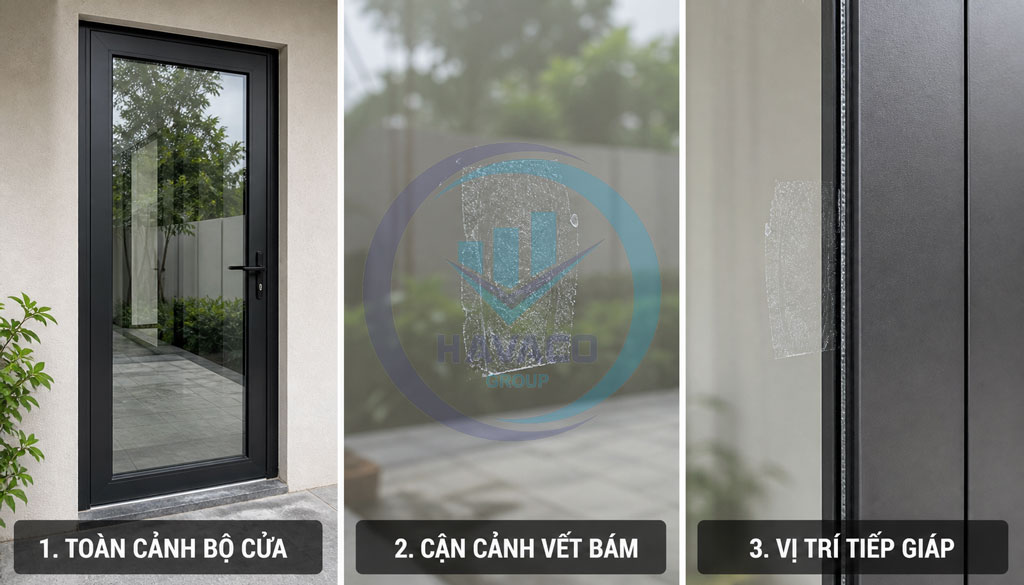 Ba góc ảnh cần chụp khi yêu cầu đánh giá vết keo trên cửa kính.