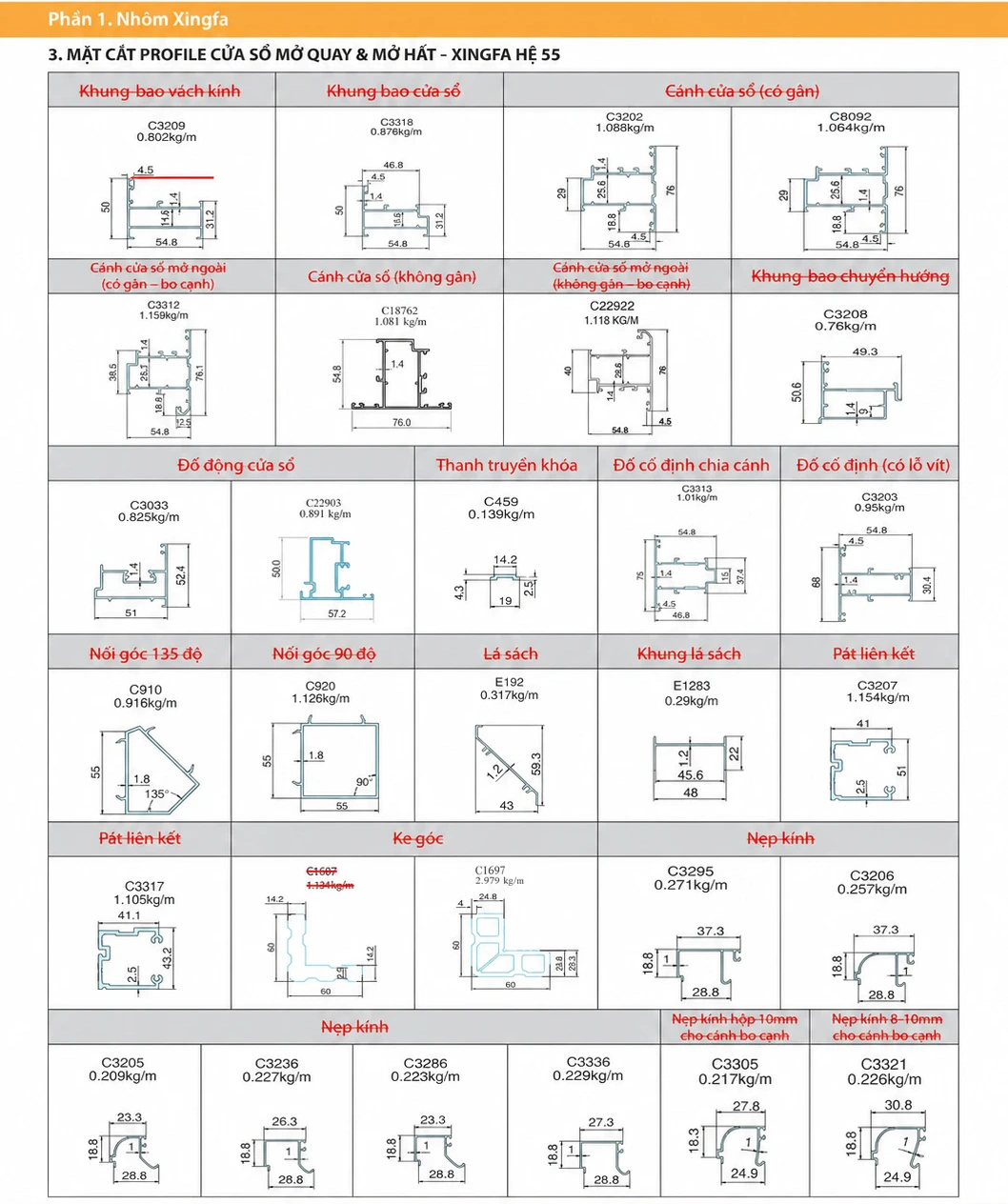 Mặt cắt nhôm Xingfa hệ 55 dùng cho cửa sổ