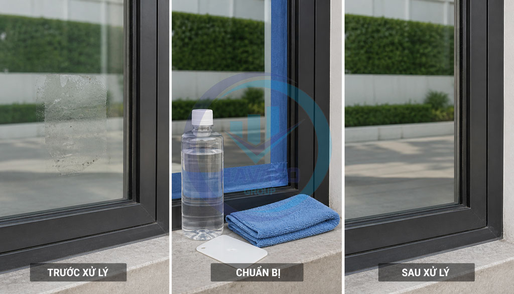 quy trình xử lý keo dán trên cửa kính